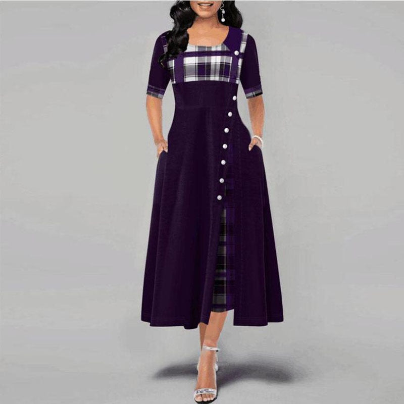 Women Fashion Half Sleeve Plaid Print Button Detail Maxi Dress