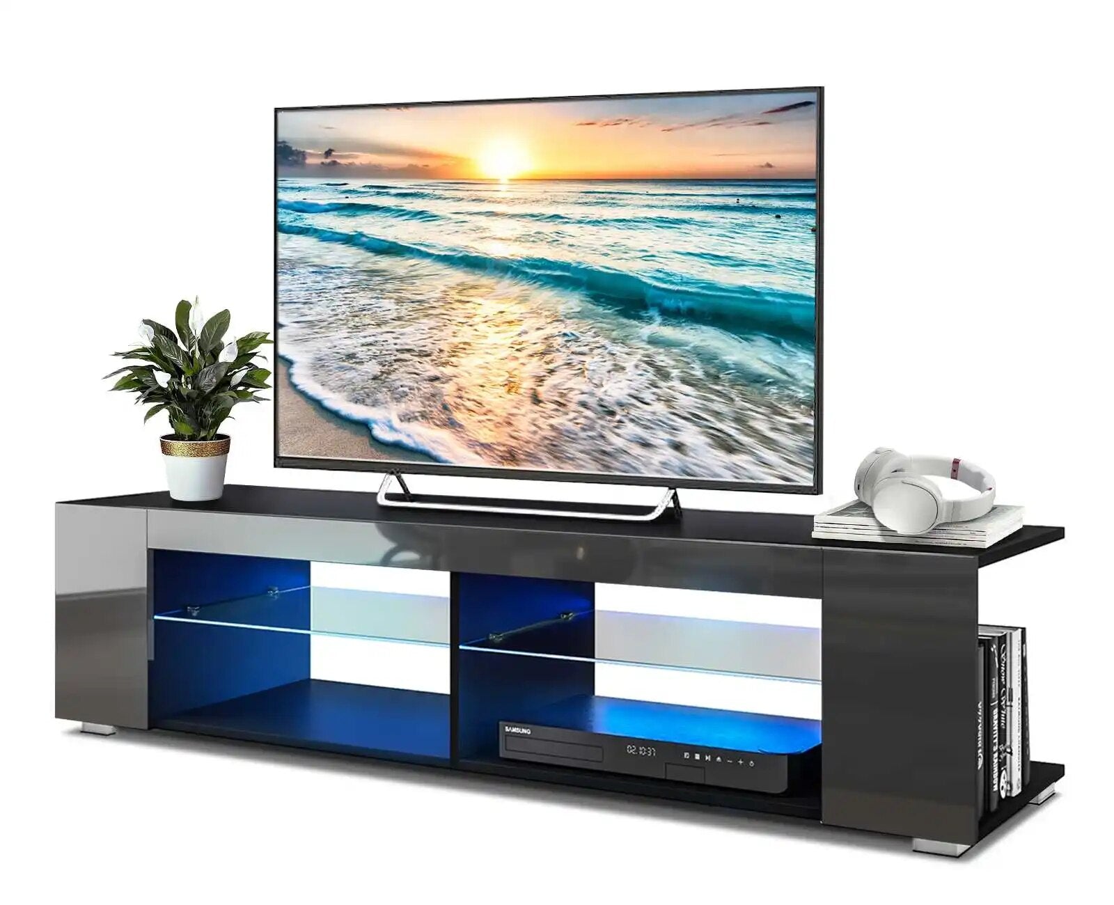High Gloss Modern TV Stand Bookshelves With LED Light 4-Shelf Console Cabinet H image 1