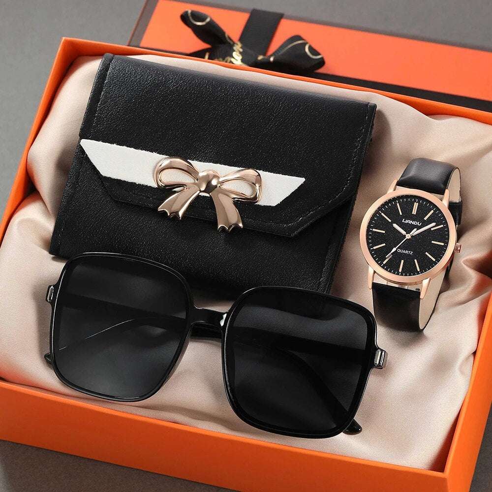 3PCS Set Women Casual Leather Watches Quartz Wristwatches & Ladies Heart Bow Wa