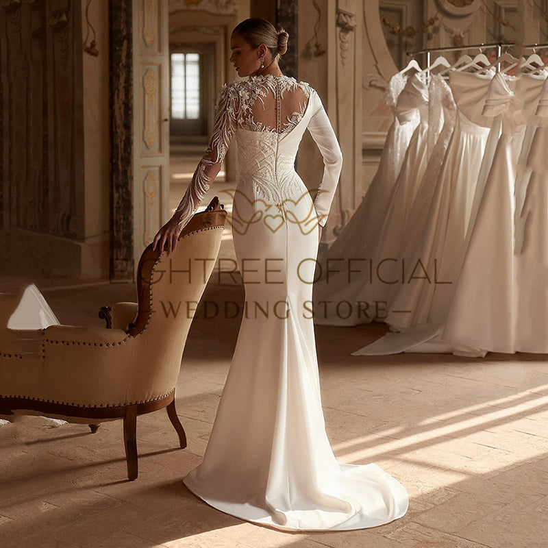 Eightree Formal Mermaid Wedding Dresses White Long Sleeve Appliques Satin Weddi image 5