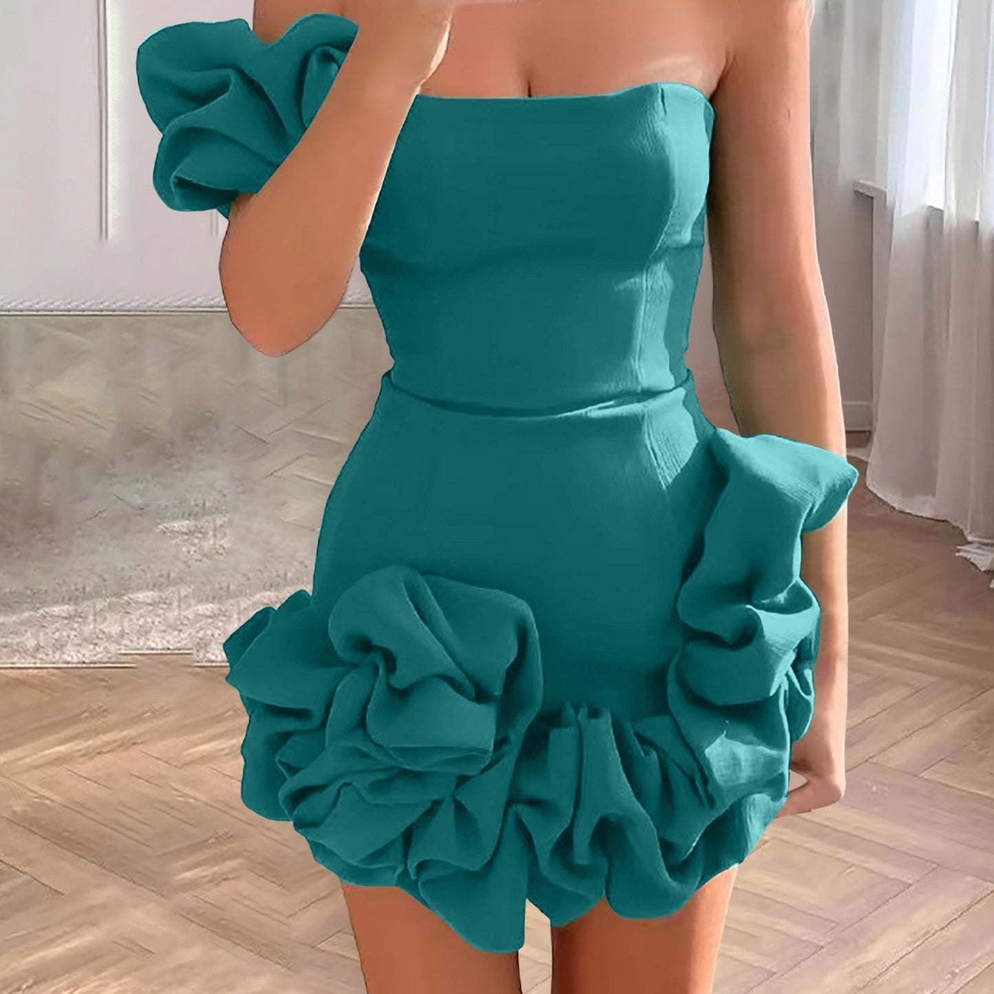 Women 3D Flower Cocktail Dress One Shoulder Party Evening Dresses For W