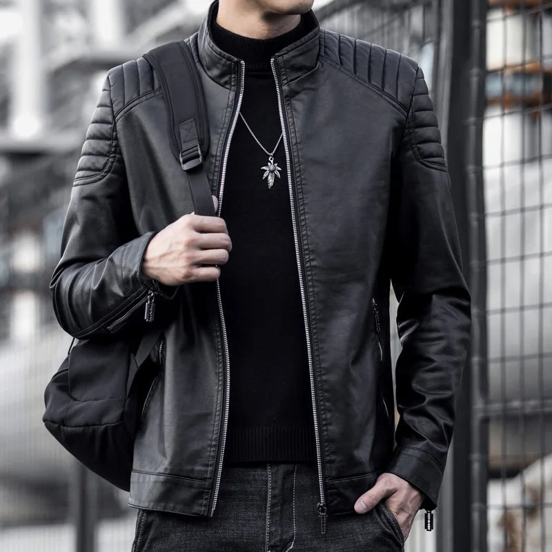 Motorcycle PU Leather Jacket Men Winter Leahter Jacket Male Stand Collar Casual image 3
