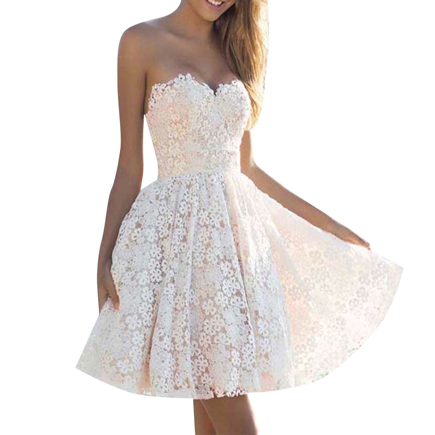 Off Shoulder White Floral Lace Dress Delicate Design Elastic Waist  A-Line Dres