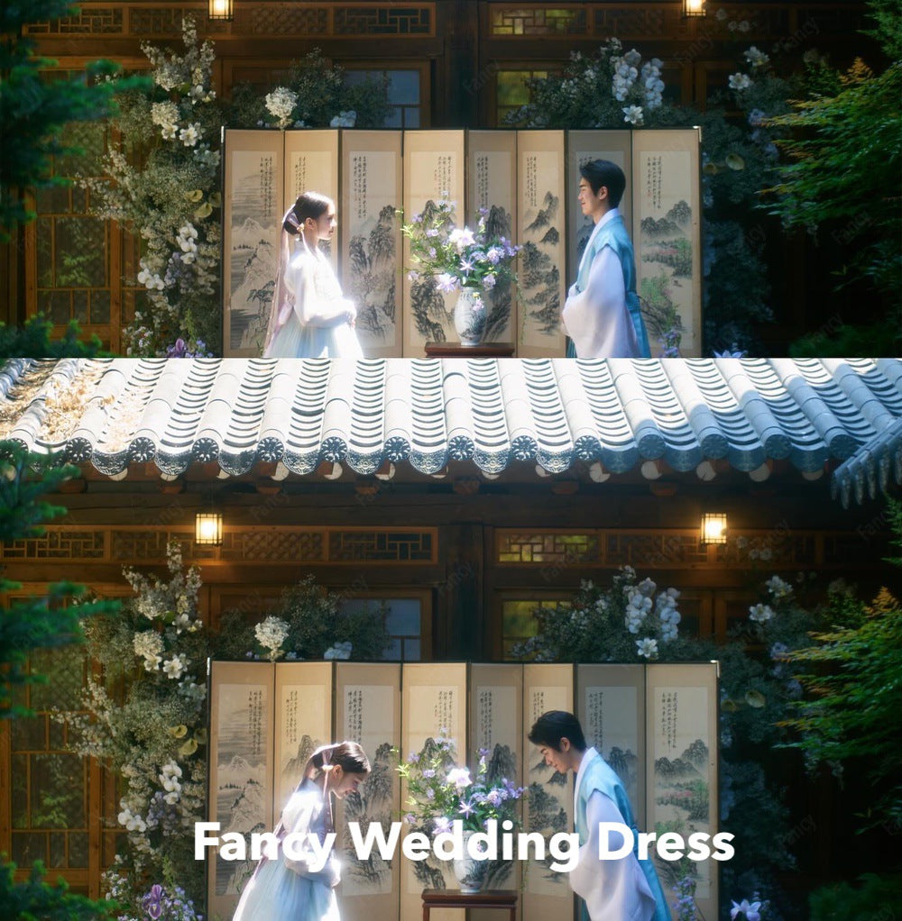 Fancy Simple V Neck Light Blue Wedding Dress Korea Photo Shoot A Line Organza B image 3