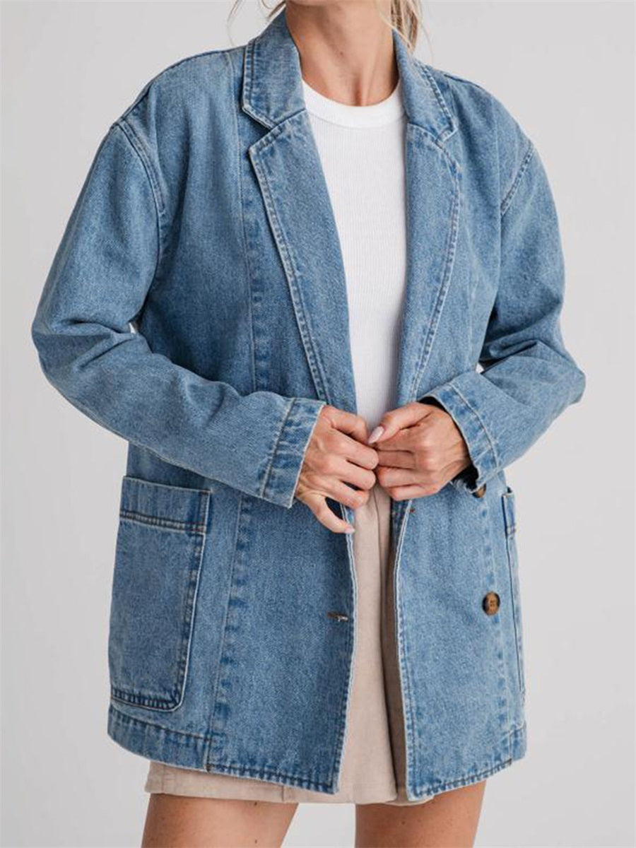 Women s Denim Blazer Stylish Long Sleeve Lapel Collar Button Closure Jacket wit image 3