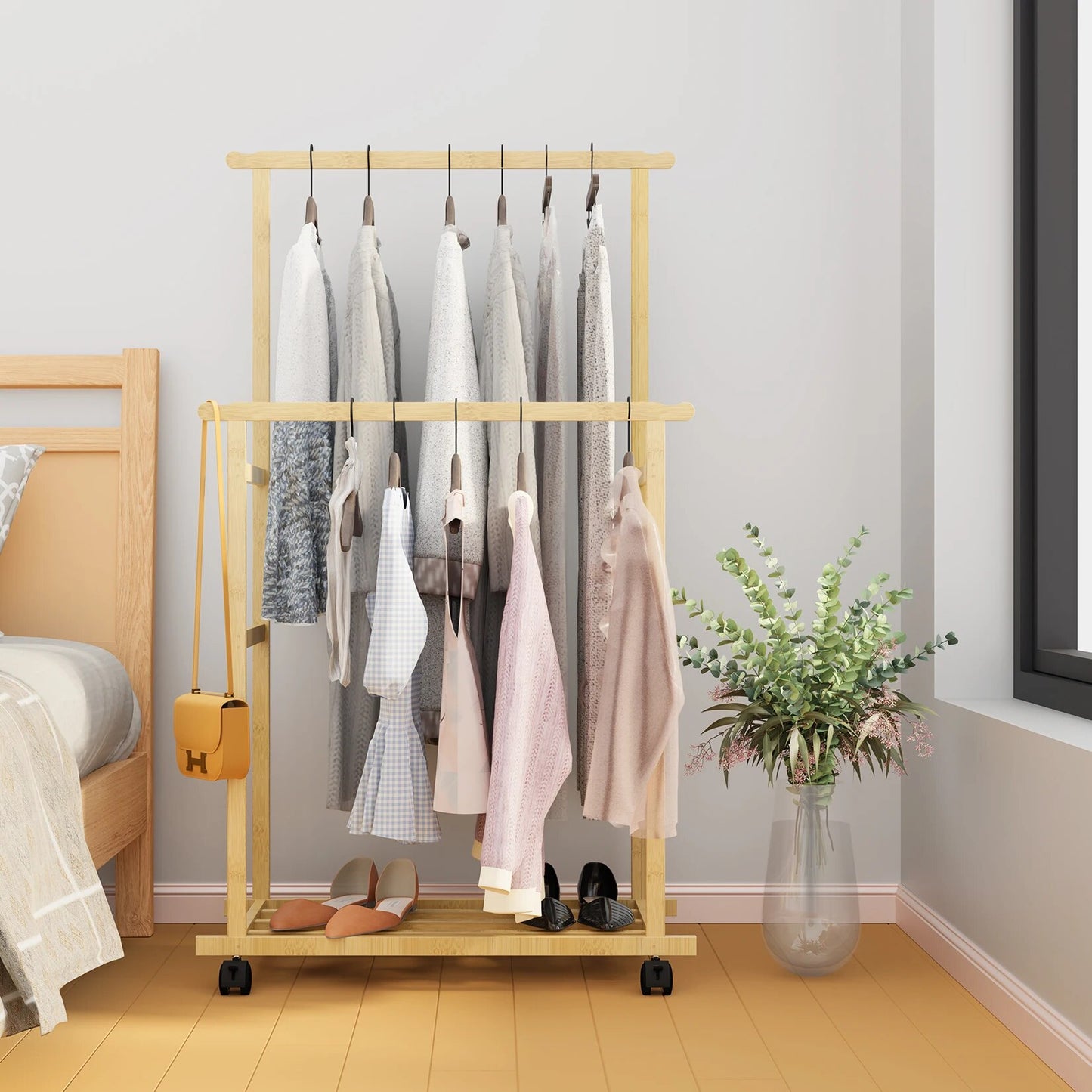 Bamboo Garment Coat Clothes Hanging Heavy Duty Rack with Shoe Clothing Storage image 1