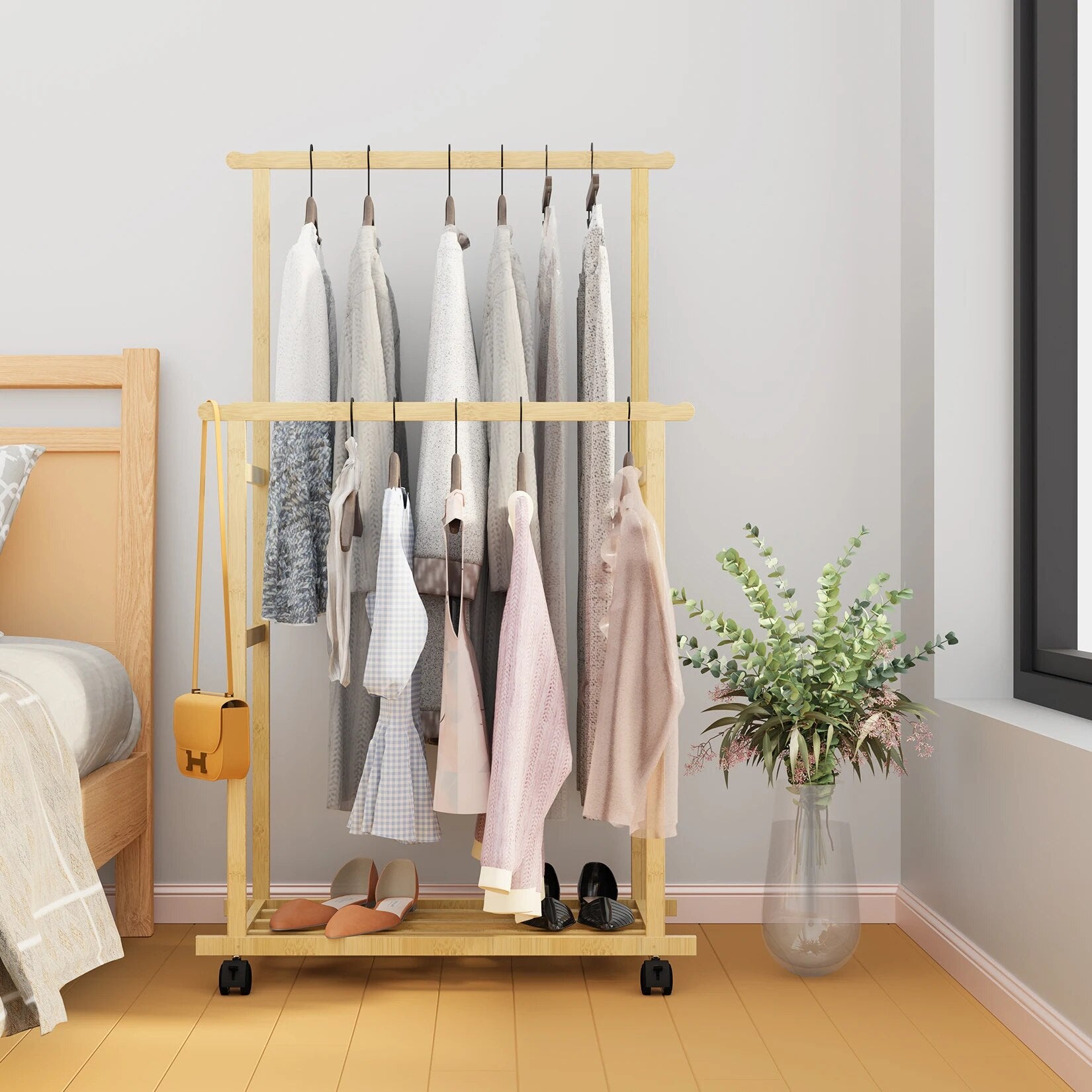 Bamboo Garment Coat Clothes Hanging Heavy Duty Rack with Shoe Clothing Storage image 1
