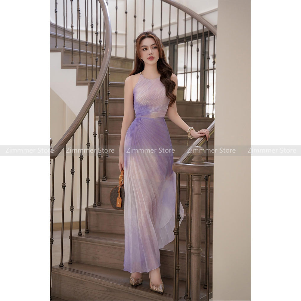 Vietnam niche light luxury 2024 summer new round neck pleated design waisted dr
