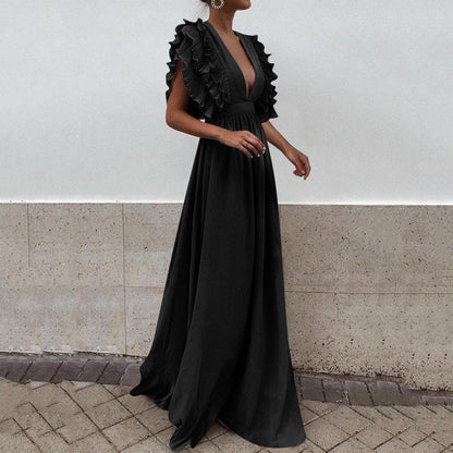 Sexy Deep V Neck Ruffle Sleeve Maxi Dresses for Women Elegant High Waist Cockta image 2