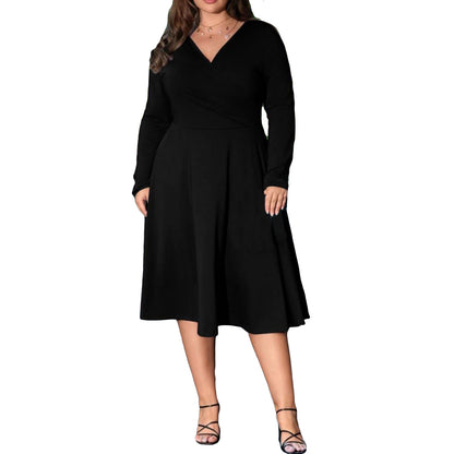 Elegant Women s V-Neck Long Sleeve Midi Dress in Solid Color Plus Size Fall Flo image 2