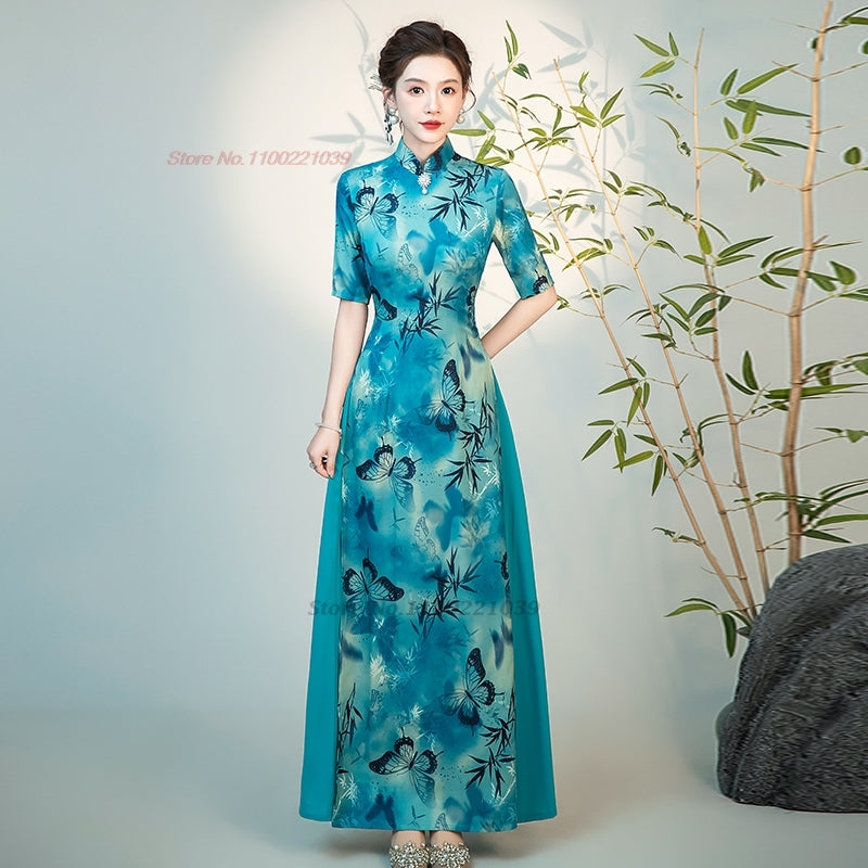 2024 chinese improved qipao dress national flower print vietnam ao dai dress el