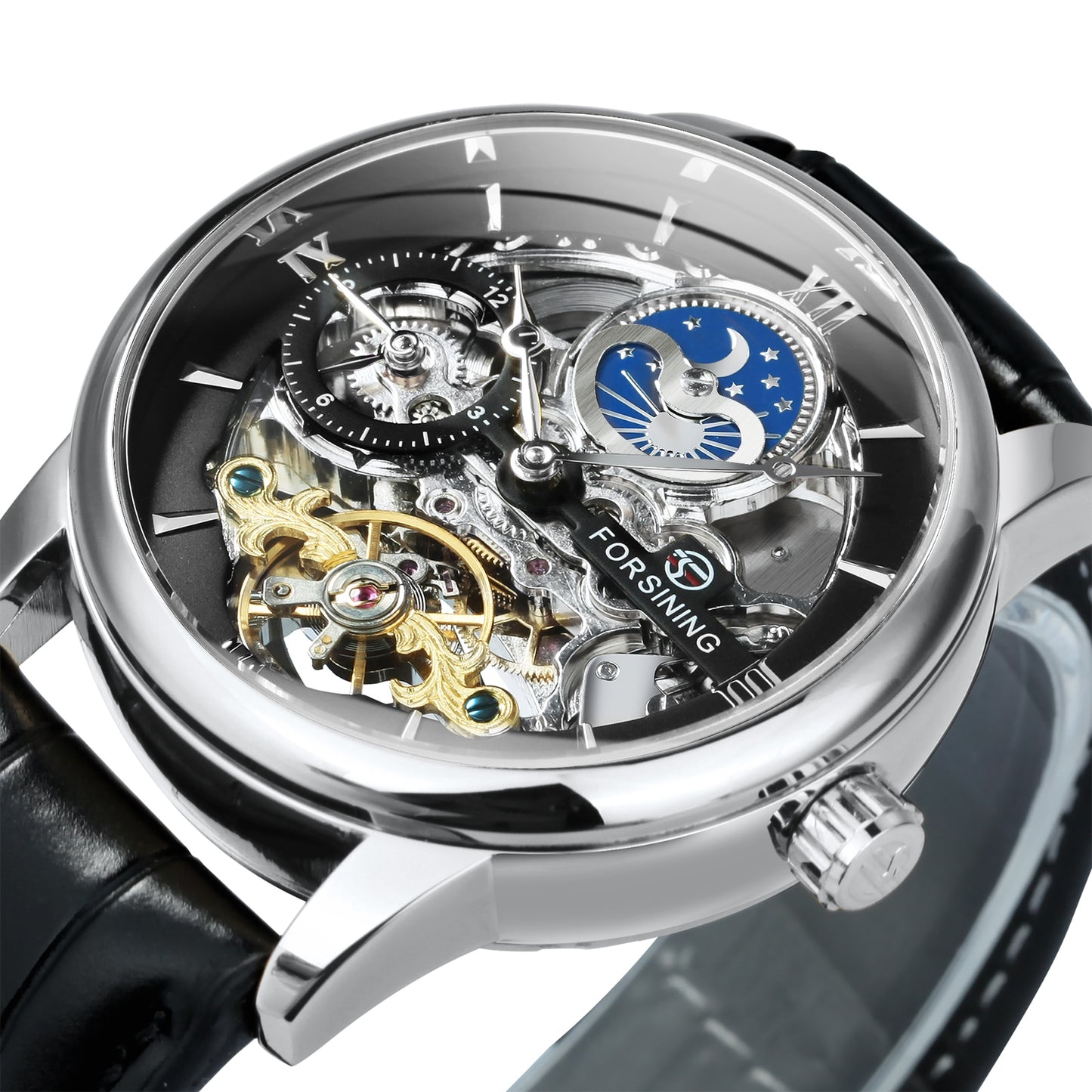 Forsining Luxury Skeleton Mechanical Watches for Men Dual Time Zone Tourbillion image 0