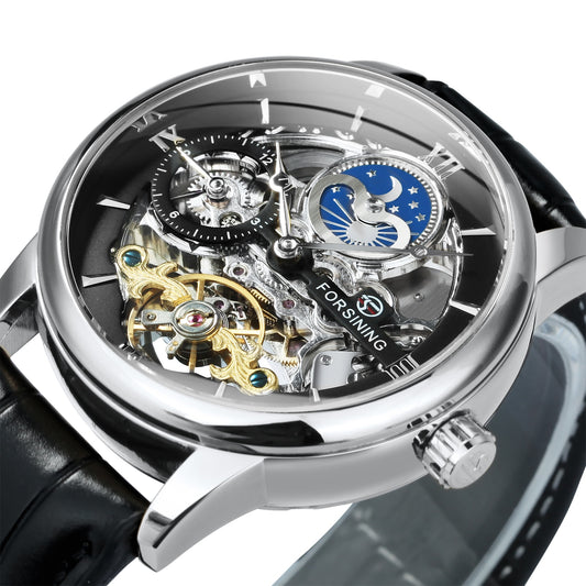 Forsining Luxury Skeleton Mechanical Watches for Men Dual Time Zone Tourbillion image 0