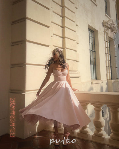 PuTao Pink A Line Satin Lace Long Prom Dresses Ankle Length Formal Graduation E image 4