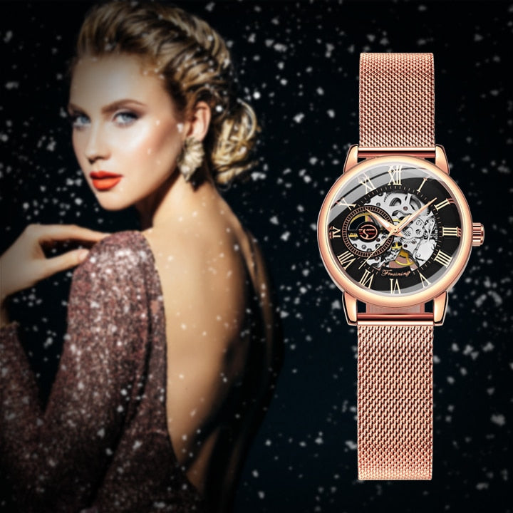 Forsining Rose Gold Skeleton Mechanical Watch for Women Fashion Luminous Hands  image 0