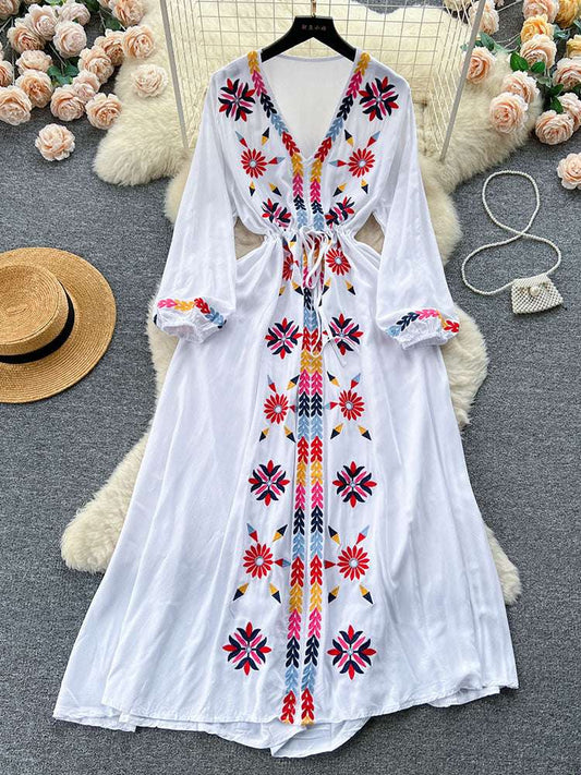 Womenpring Summer Vestidos French Sweet Embroidered V-Neck Drawstring Waist W