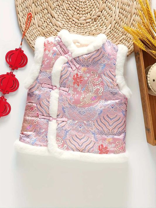 Girls Thick Embroidery Sleeveless Jacket Vintage Style Outerwear Top For Fall W