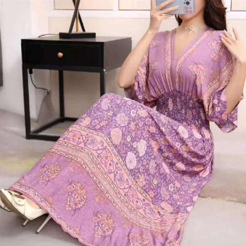 Women Bohemian Style Beach Maxi Long Dress Floral Cotton Off Shoulder Round N