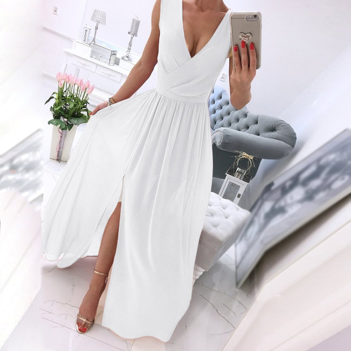 Women Dresses Summer Pleated V Neck Sleeveless Side Slit Long Maxi Casual Ch