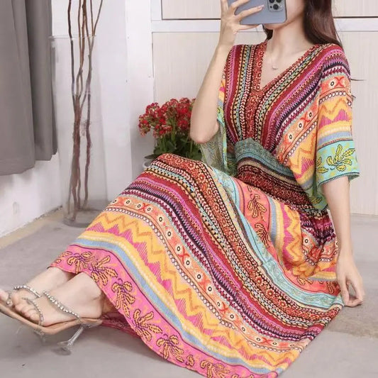Women Bohemian Style Beach Maxi Long Dress Floral Cotton Off Shoulder Round N