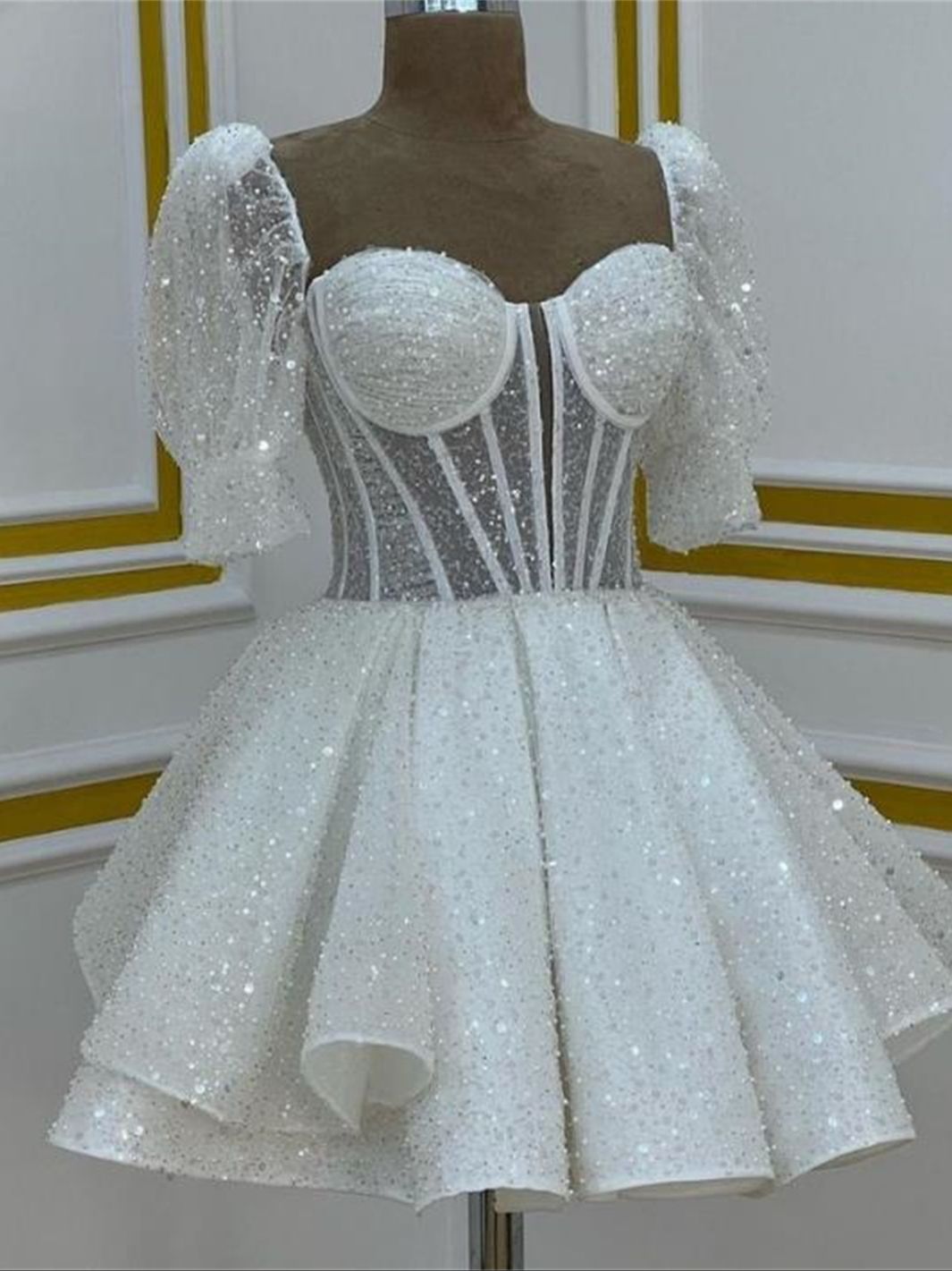 White Sequins Homecoming Dress Square Neck Puff Short Sleeves  Shiny Clas
