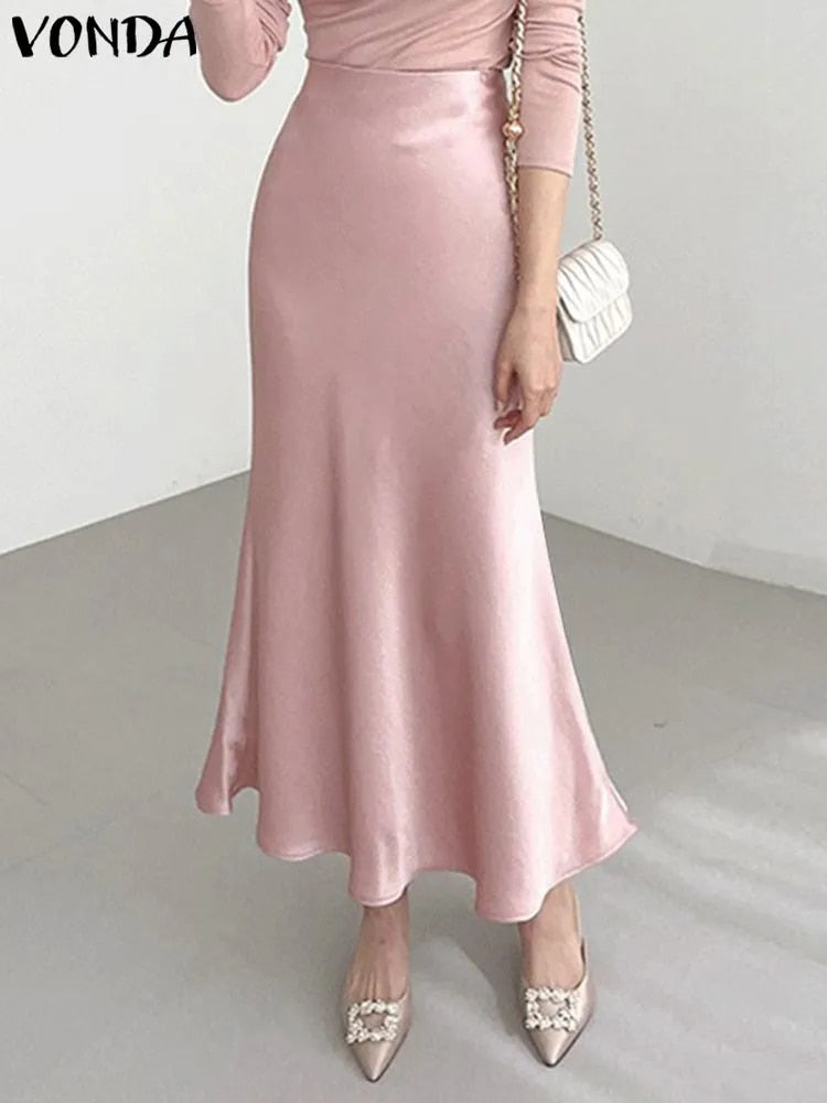 VONDA Elegant Maxi Skirts 2023 Summer Pleated Loose Streetwear Satin Long Skirt