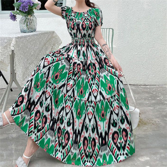 Women Bohemian Style Beach Maxi Long Dress Floral Cotton Off Shoulder Round N