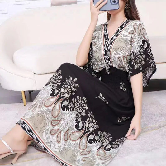 Women Bohemian Style Beach Maxi Long Dress Floral Cotton Off Shoulder Round N