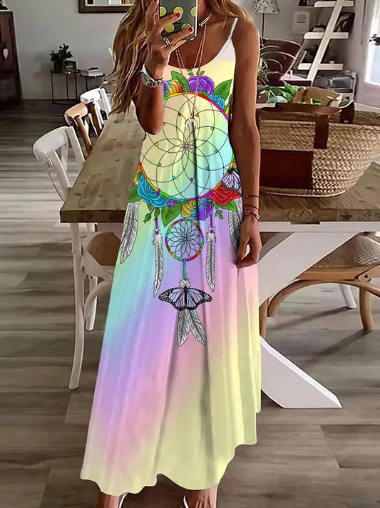 Summer Women Casual Long Dress Retro Ethnic Print Long Dress Everyday Street