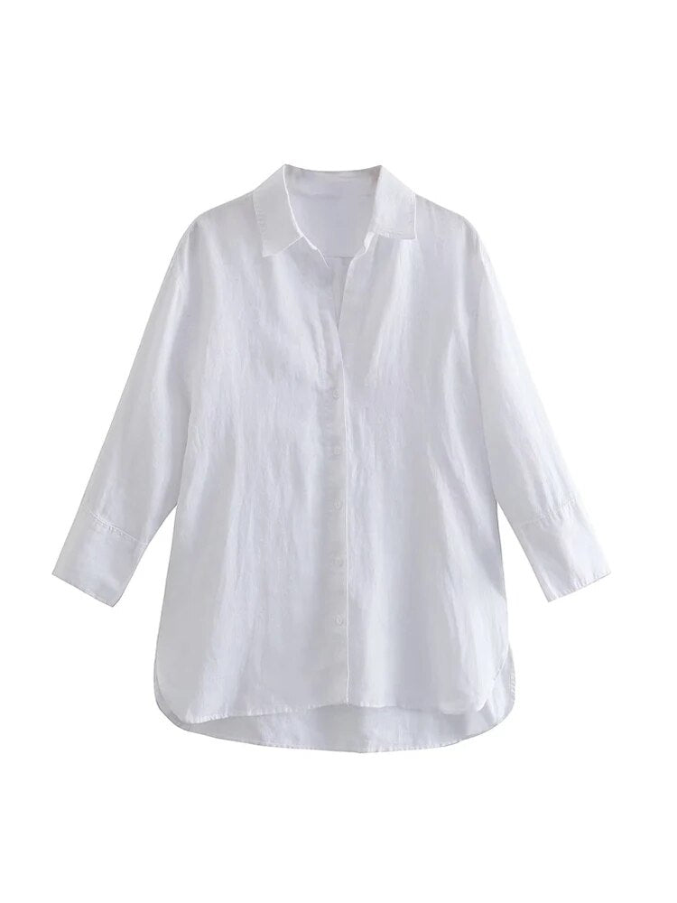 Women Fashion With Side Vents Asymmetric Loose Linen Shirts Vintage Long S