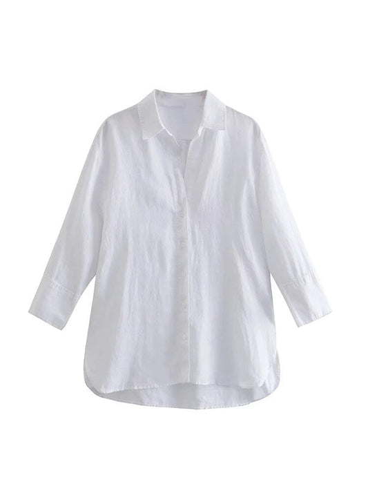 Women Fashion With Side Vents Asymmetric Loose Linen Shirts Vintage Long S