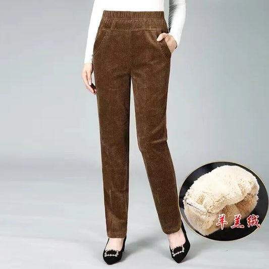 Plush Thick Casual Pants Fleece Pencil Pants Women Corduroy Warm High Waist P