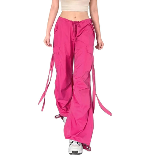 Pink Cargo Pants 2023 Summer New Oversized Sweatpants Lace Up Ribbon Low Rise C