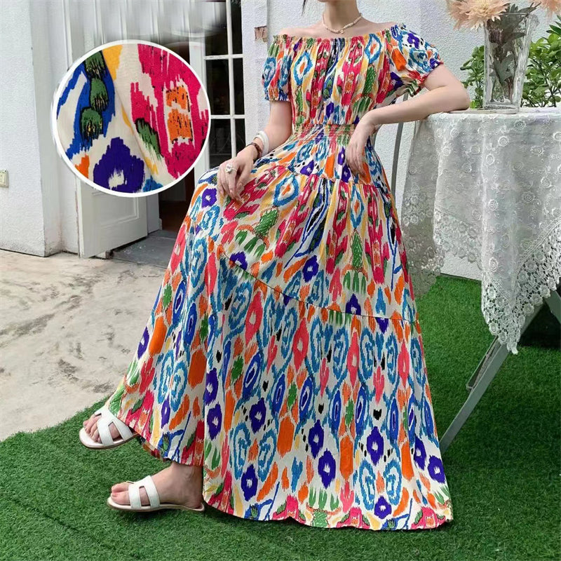 Women Bohemian Style Beach Maxi Long Dress Floral Cotton Off Shoulder Round N