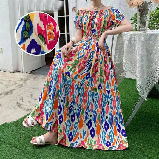 Women Bohemian Style Beach Maxi Long Dress Floral Cotton Off Shoulder Round N