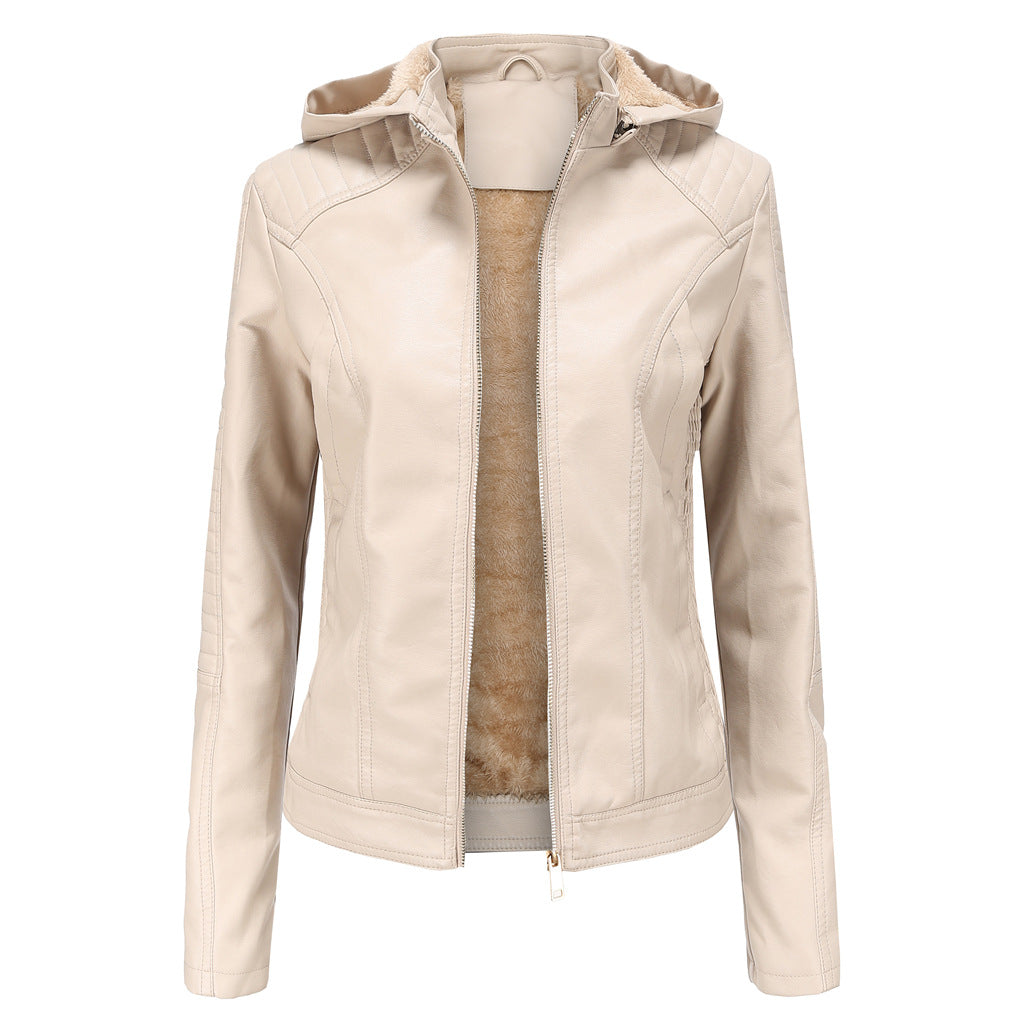 Winter New Black Fleece Hooded Leather Jacket Women'S Fashionable Trim Motorcyc