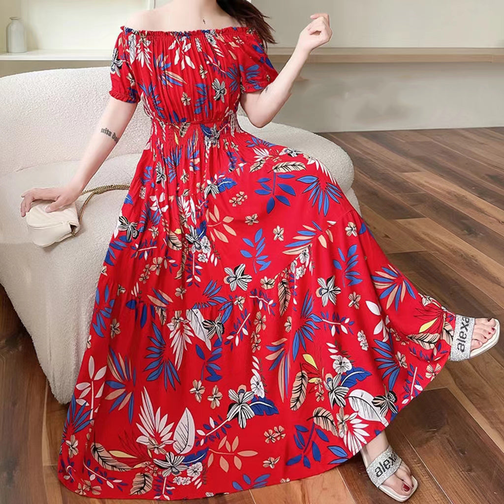 Women Bohemian Style Beach Maxi Long Dress Floral Cotton Off Shoulder Round N
