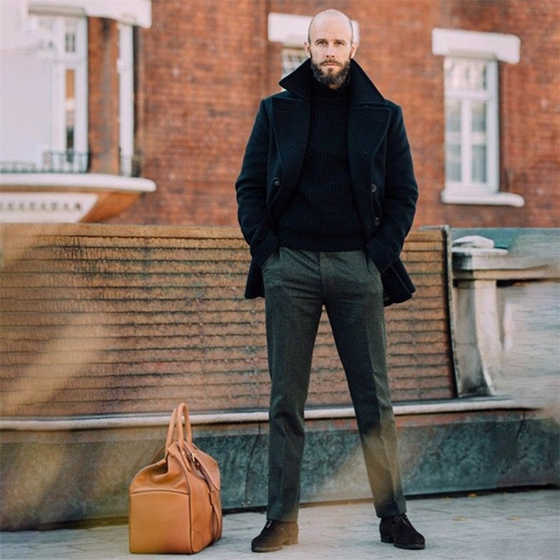 Men Winter Woolen Coats with Lapel Neck Long Sleeve Double Breasted B