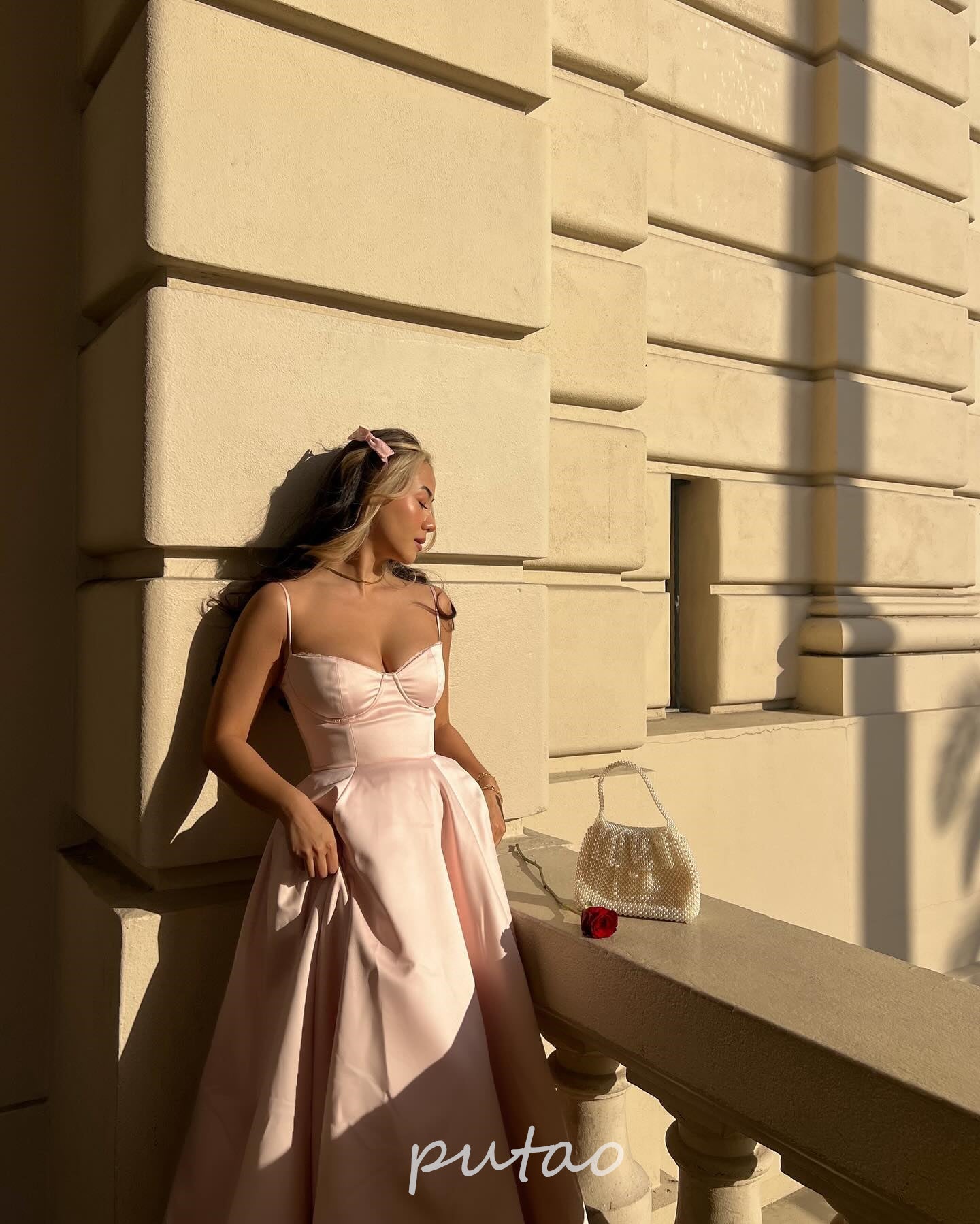 PuTao Pink A Line Satin Lace Long Prom Dresses Ankle Length Formal Graduation E image 5