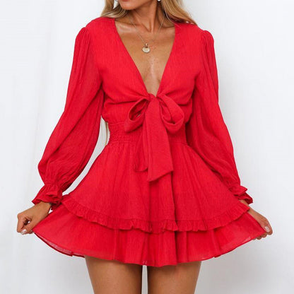 Summer Vacation Bowknot Lace Up Beach White Dress Women's   Solid