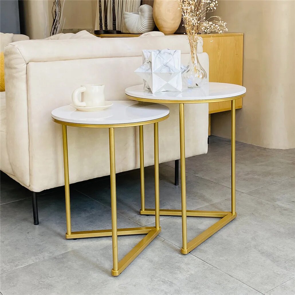 Modern Round Marble Metal Base Nesting Set Side Accent Table Living Room Storag image 0