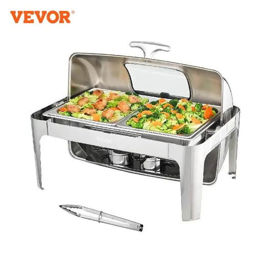 VEVOR 9QT Roll-top ChaFolding Dish Buffet Set Stainless Steel Chafer w/2 Half Pans