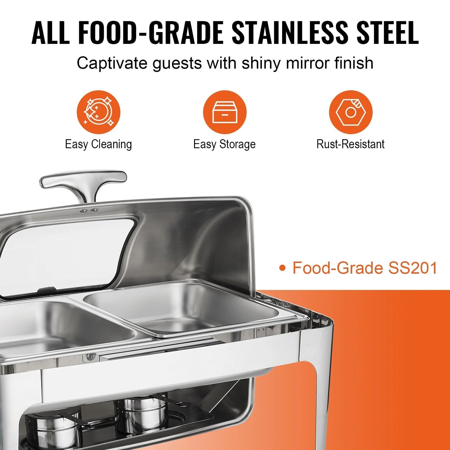 VEVOR 9QT Roll-top ChaFolding Dish Buffet Set Stainless Steel Chafer w/2 Half Pans