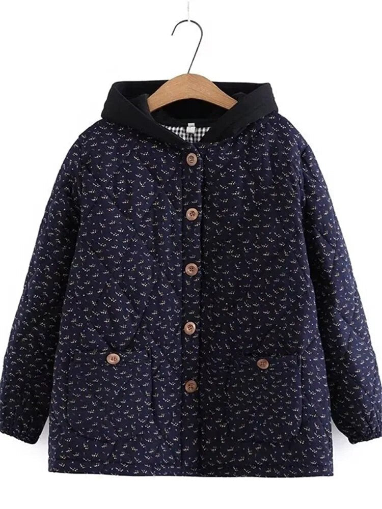 Plus Size Women Winter Jacket Hooded Long Sleeve With Buttons Thicker Jacket