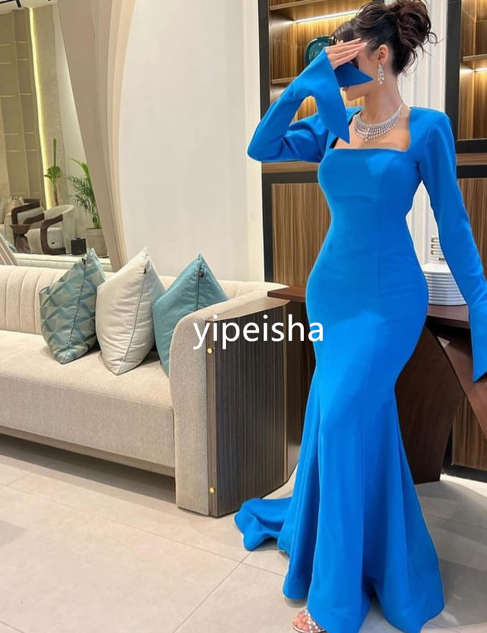 Intricate Jersey Pleat Trumpet Square Neck Long Dresses Homecoming  Exquisite H