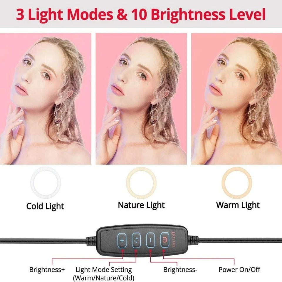 LED Selfie Ring Light Phone Stand With Folding Arm Circle Fill Light Dimmable T image 4