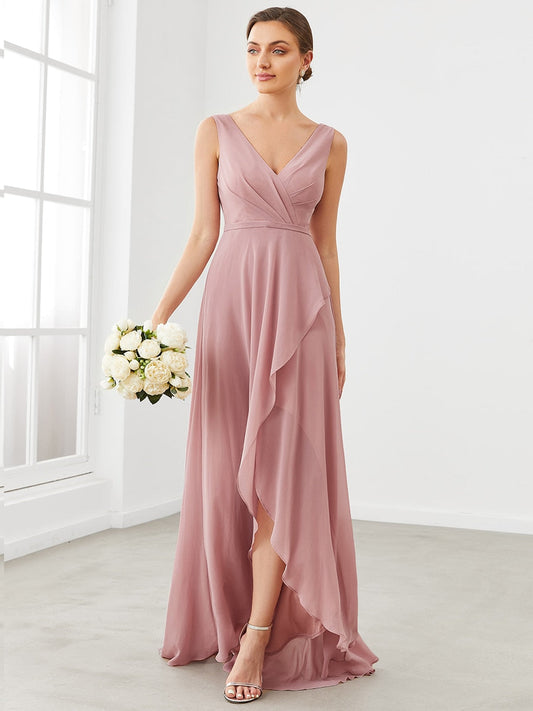 Chiffon Ruffled Hem Front Slit V-Neck Sleeveless Bridesmaid Dress image 0