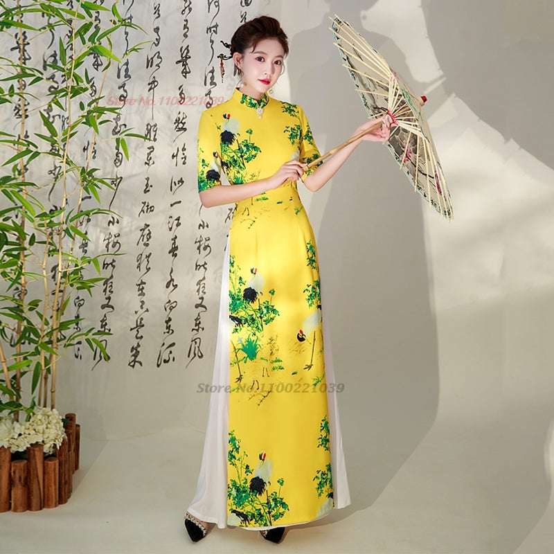 2024 vietnam aodai dress traditional chinese improved qipao national crane prin