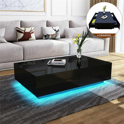 RGB LED Tea Table End Table For Home Office Coffee Table Wooden 4 Drawers Magaz image 4