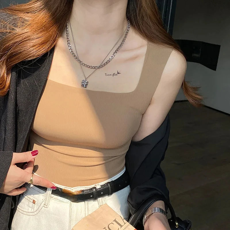 New Wide Shoulder Camisole Square Neck Beautiful Back Threaded Vest Women's Sea image 5